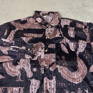 Thai Silk Collection Shirt Mens XXL Black Pink Egyptian Print Silk Button Up